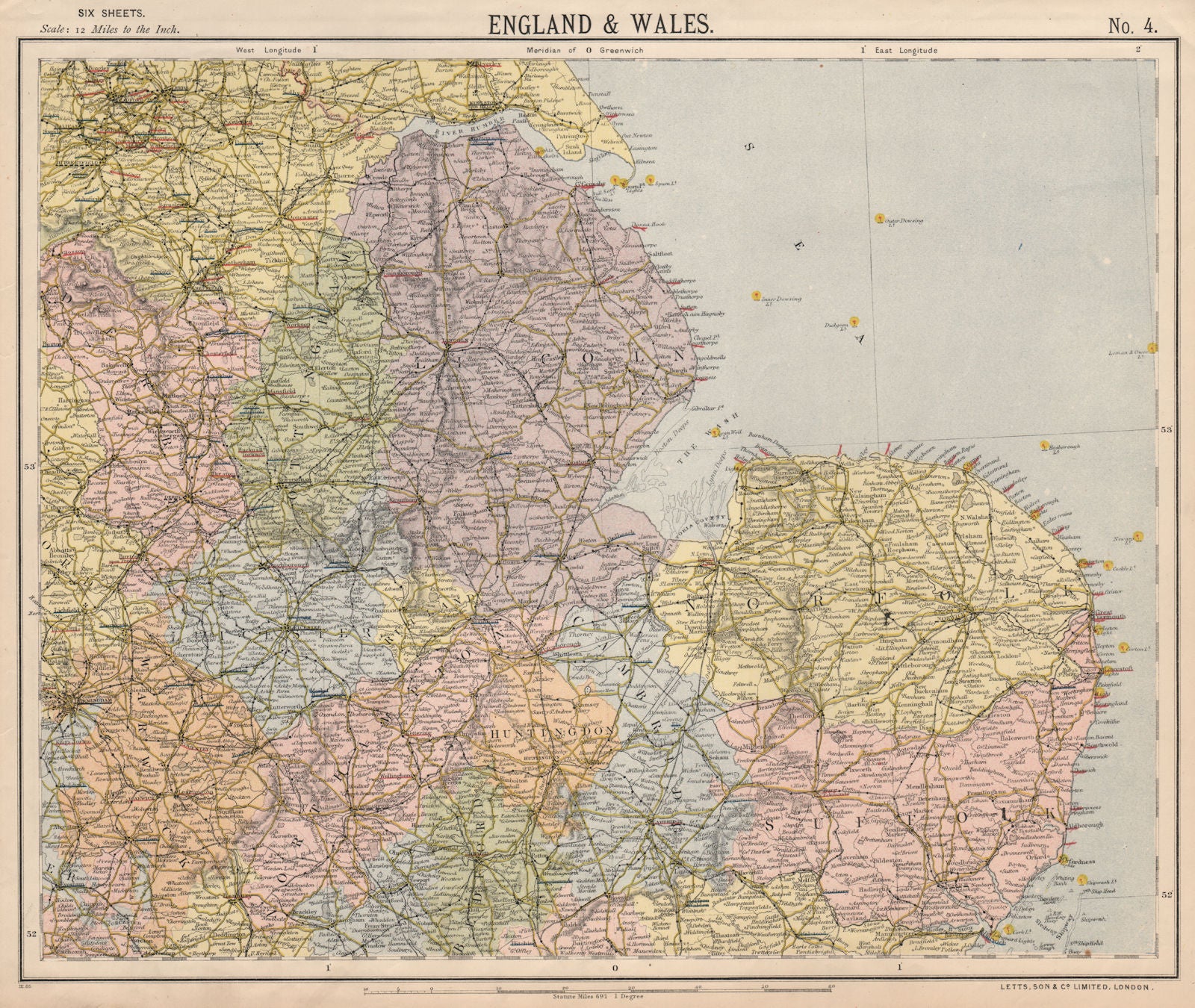 ENGLAND EAST. Lighthouses East Midlands East Anglia Lincolnshire. LETTS 1889 map